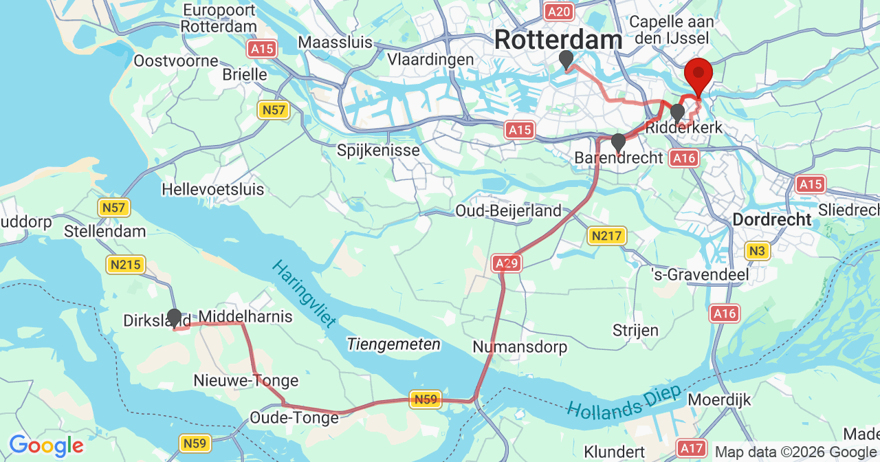 Kaart van het incident in Ridderkerk met de aanrijroutes van de gealarmeerde eenheden