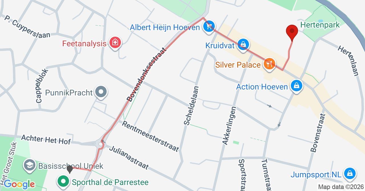Kaart van het incident in Hoeven met de aanrijroutes van de gealarmeerde eenheden