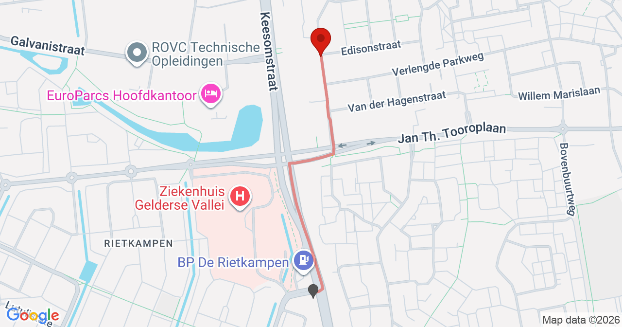 Kaart van het incident in Ede met de aanrijroutes van de gealarmeerde eenheden