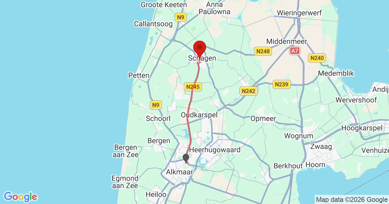 Kaart van het incident in Schagen met de aanrijroutes van de gealarmeerde eenheden
