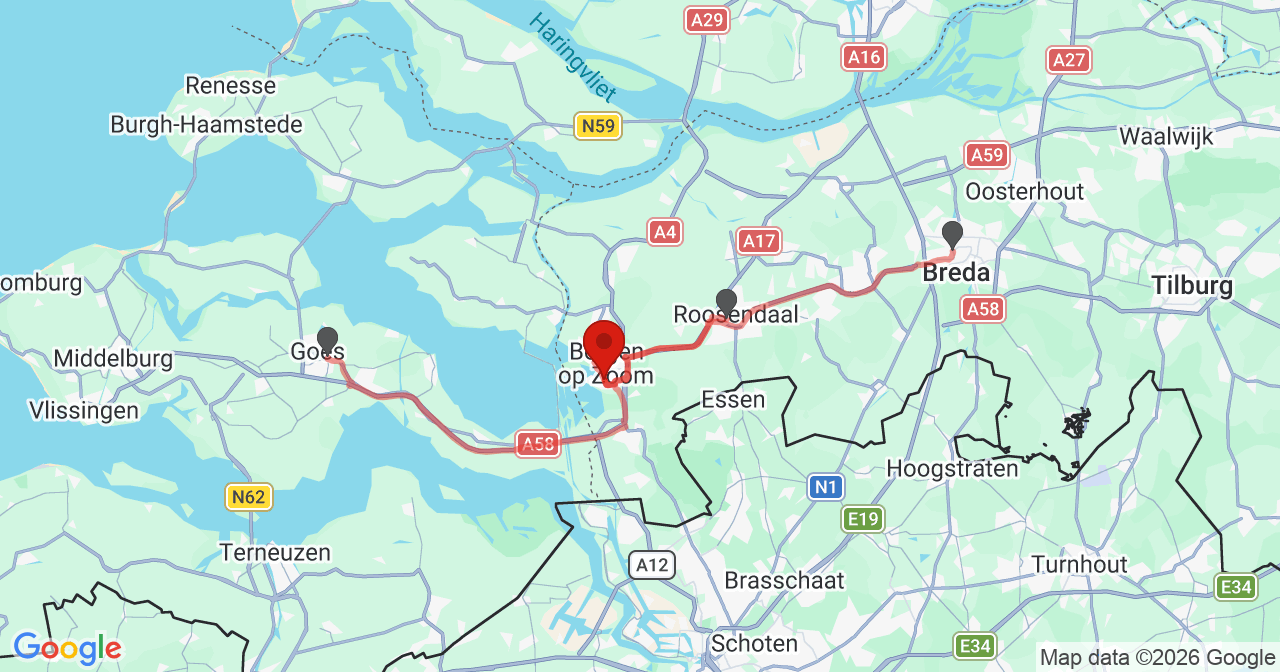 Kaart van het incident in Bergen op Zoom met de aanrijroutes van de gealarmeerde eenheden