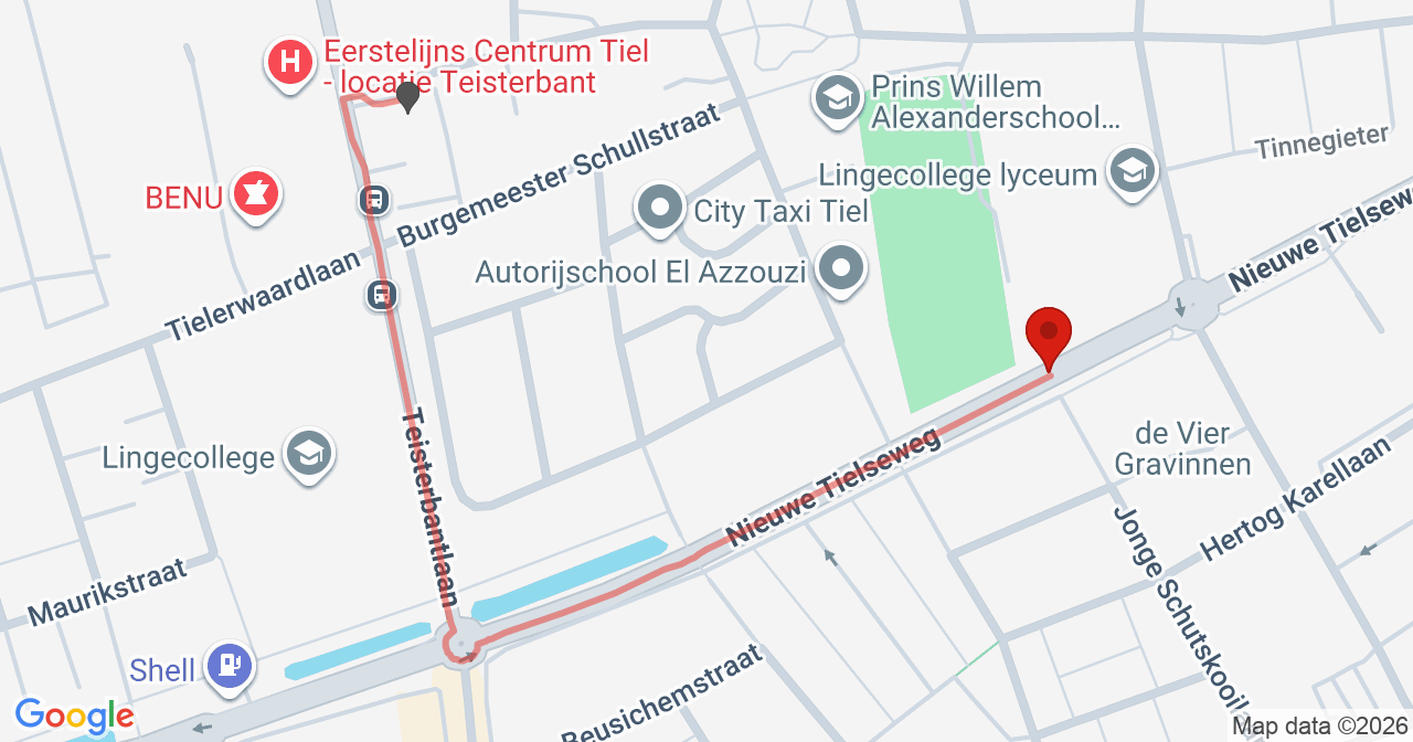 Kaart van het incident in Tiel met de aanrijroutes van de gealarmeerde eenheden