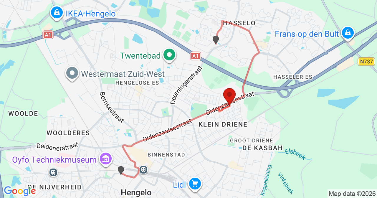 Kaart van het incident in Hengelo met de aanrijroutes van de gealarmeerde eenheden