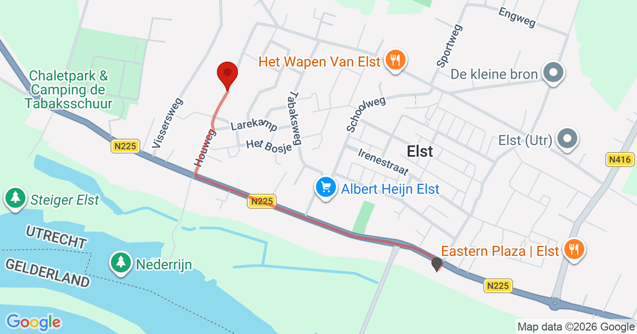 Kaart van het incident in Elst Ut met de aanrijroutes van de gealarmeerde eenheden