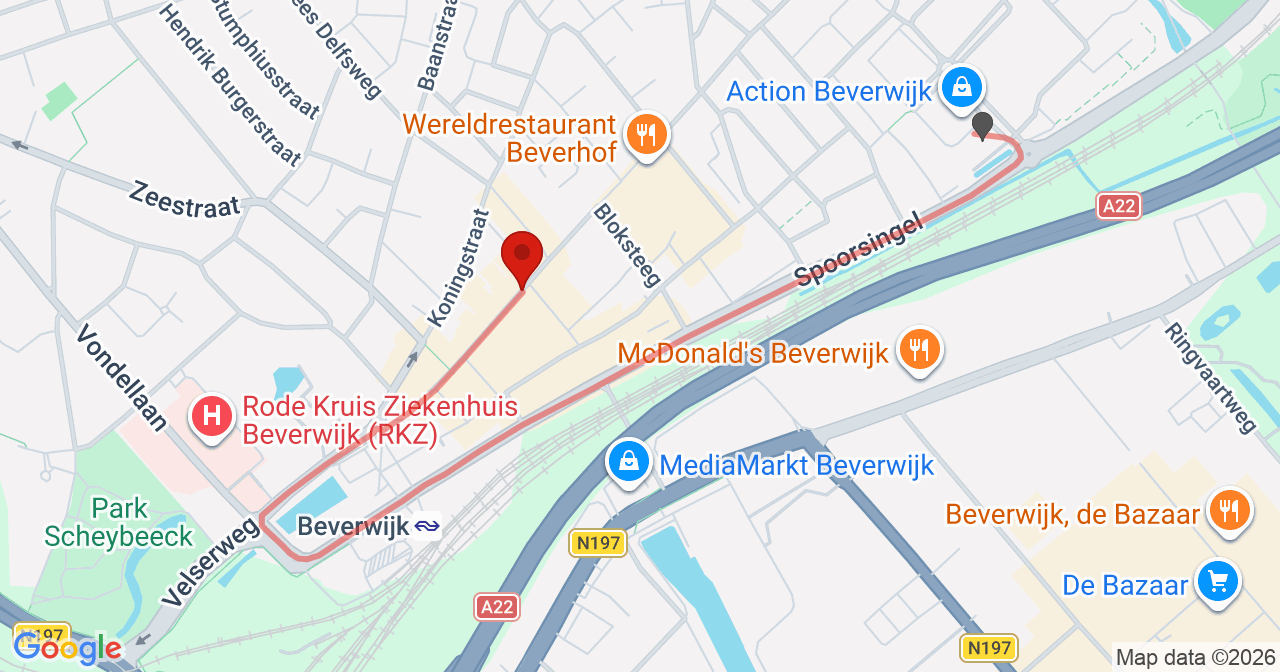 Kaart van het incident in Beverwijk met de aanrijroutes van de gealarmeerde eenheden