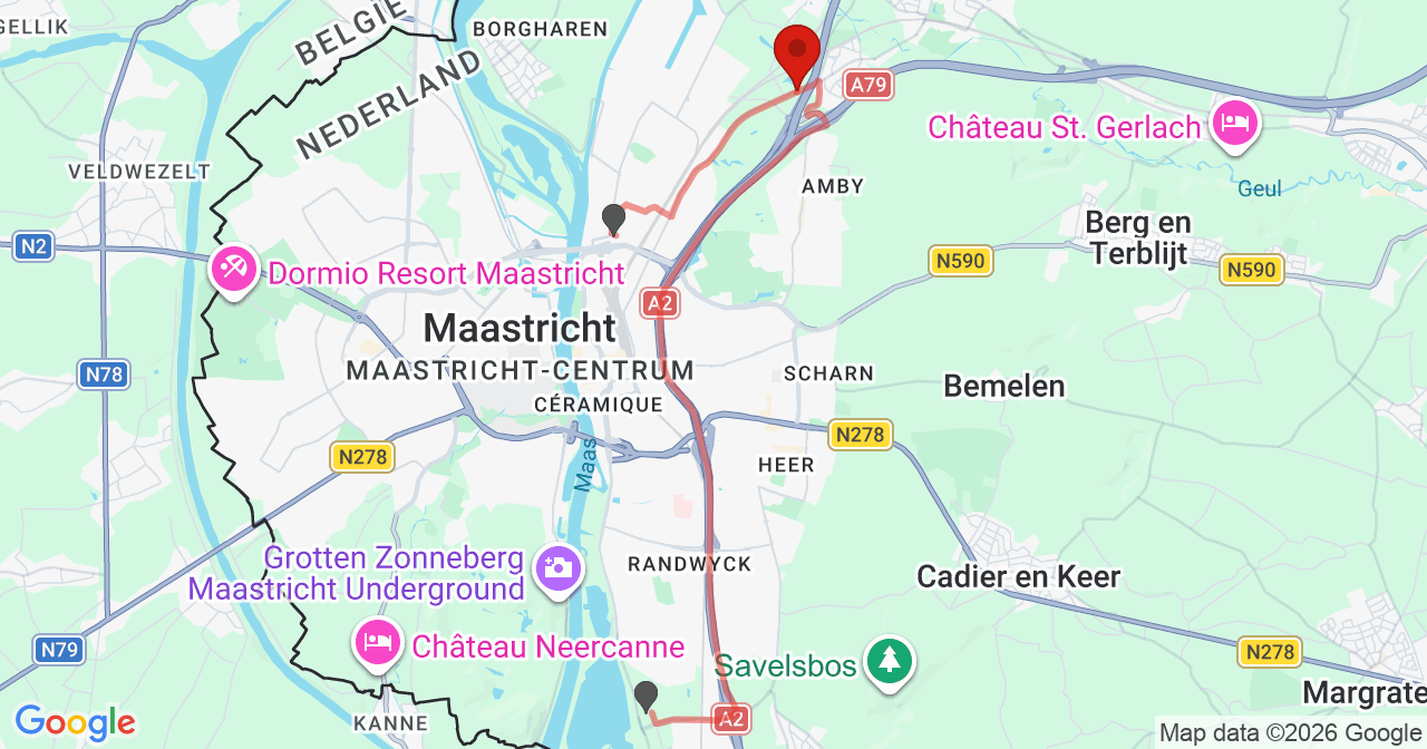 Kaart van het incident in Maastricht met de aanrijroutes van de gealarmeerde eenheden