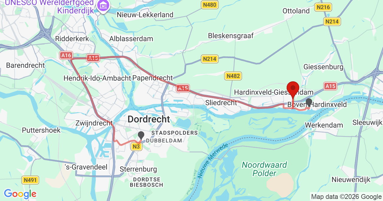 Kaart van het incident in Hardinxveld-Giessendam met de aanrijroutes van de gealarmeerde eenheden