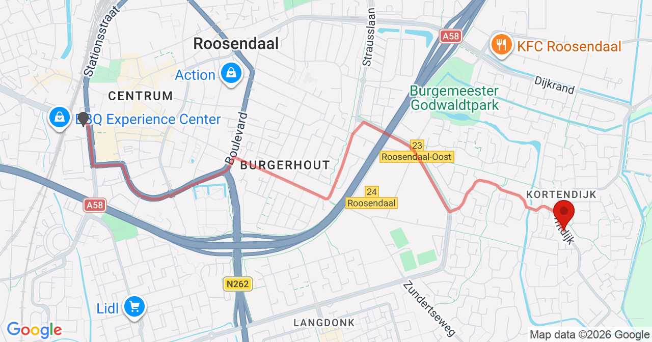 Kaart van het incident in Roosendaal met de aanrijroutes van de gealarmeerde eenheden
