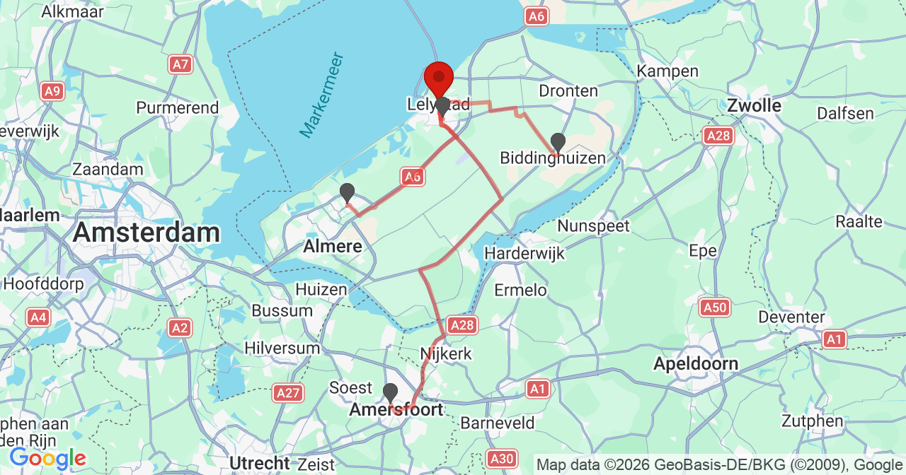 Kaart van het incident in Lelystad met de aanrijroutes van de gealarmeerde eenheden