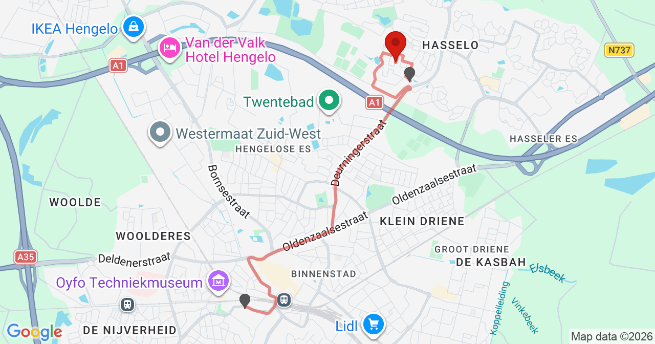 Kaart van het incident in Hengelo met de aanrijroutes van de gealarmeerde eenheden