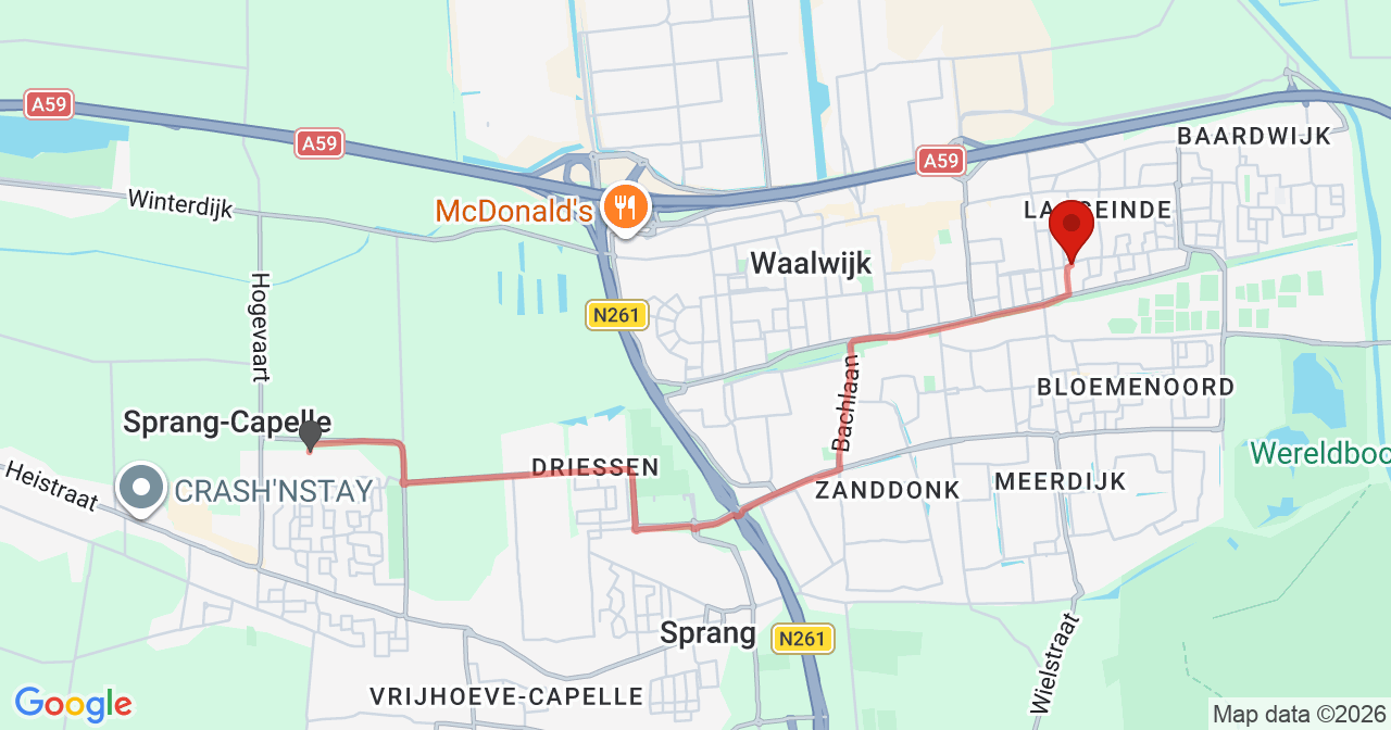 Kaart van het incident in Waalwijk met de aanrijroutes van de gealarmeerde eenheden