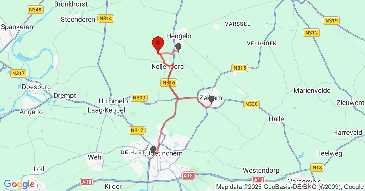 Kaart van het incident in Hengelo Gld met de aanrijroutes van de gealarmeerde eenheden