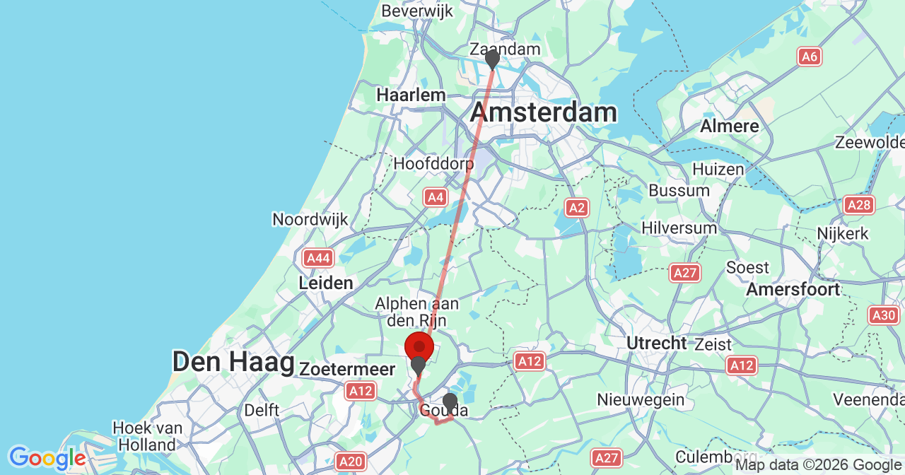 Kaart van het incident in Waddinxveen met de aanrijroutes van de gealarmeerde eenheden