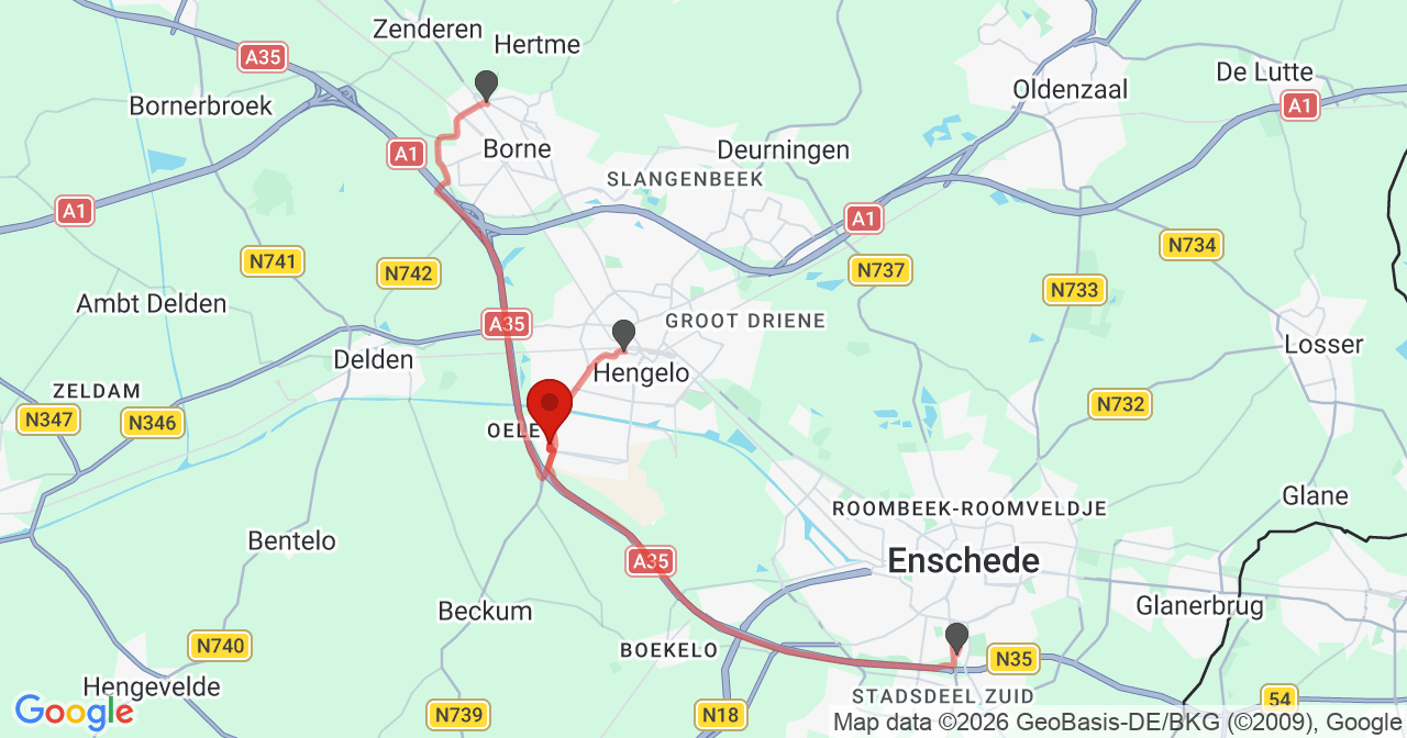 Kaart van het incident in Hengelo met de aanrijroutes van de gealarmeerde eenheden