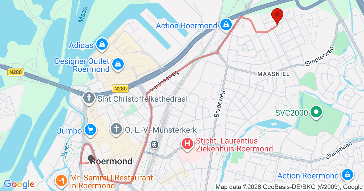 Kaart van het incident in Roermond met de aanrijroutes van de gealarmeerde eenheden