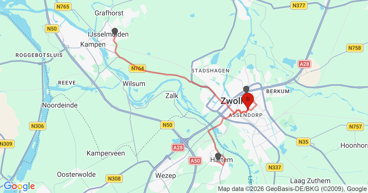 Kaart van het incident in Zwolle met de aanrijroutes van de gealarmeerde eenheden