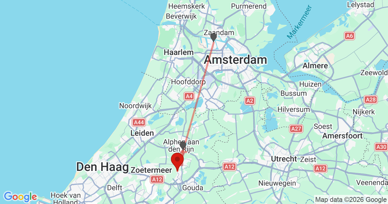 Kaart van het incident in Waddinxveen met de aanrijroutes van de gealarmeerde eenheden