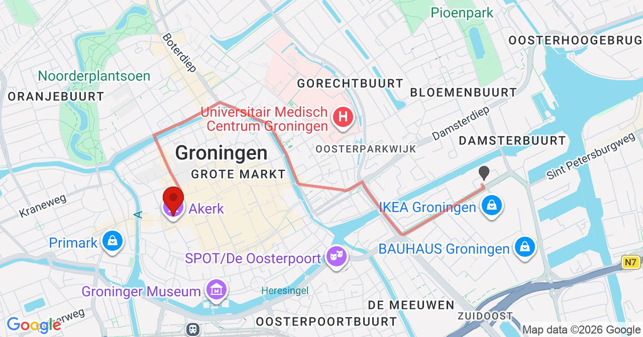 Kaart van het incident in Groningen met de aanrijroutes van de gealarmeerde eenheden