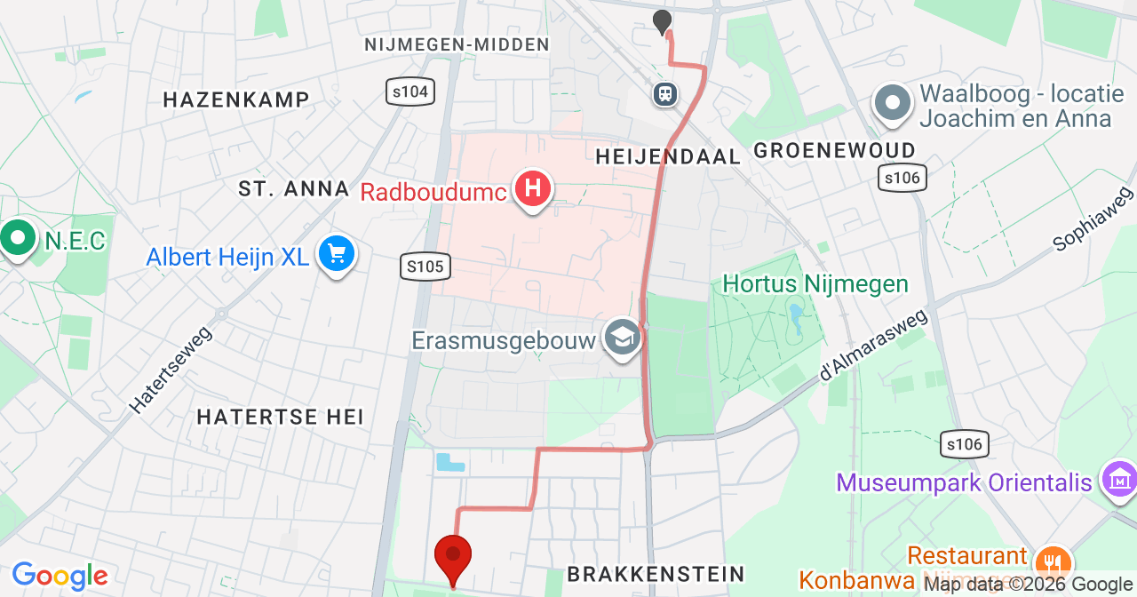 Kaart van het incident in Nijmegen met de aanrijroutes van de gealarmeerde eenheden