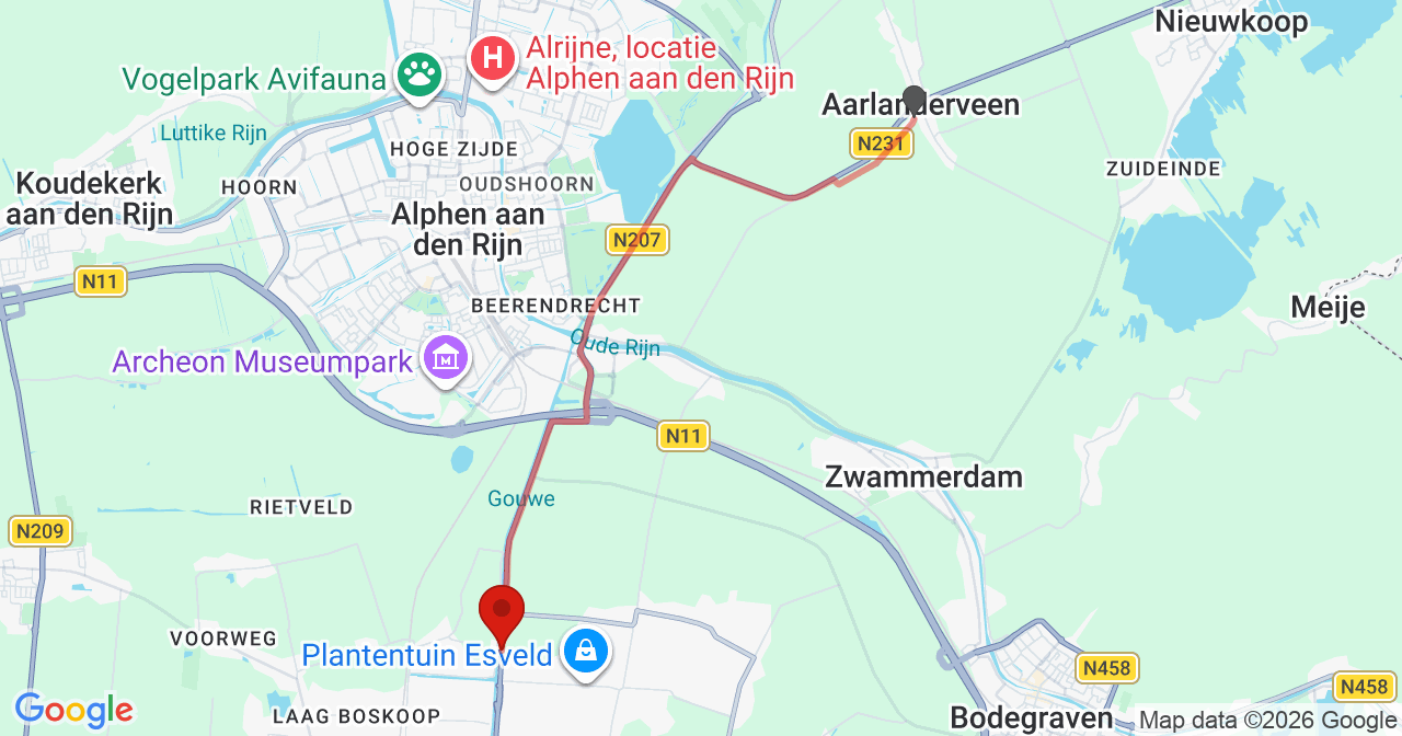 Kaart van het incident in Boskoop met de aanrijroutes van de gealarmeerde eenheden