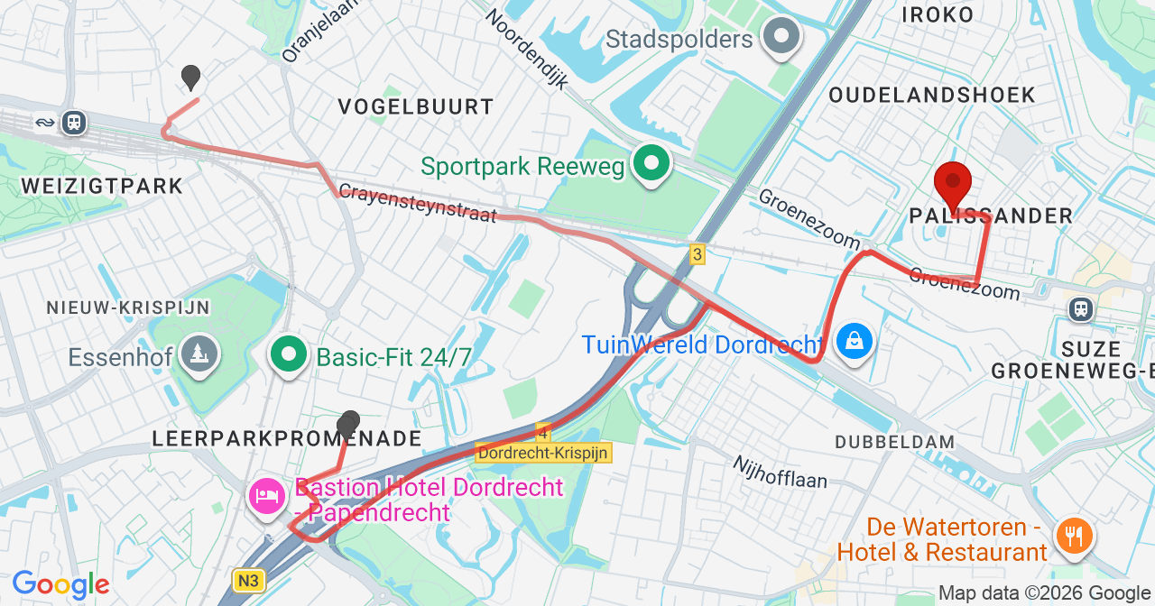 Kaart van het incident in Dordrecht met de aanrijroutes van de gealarmeerde eenheden