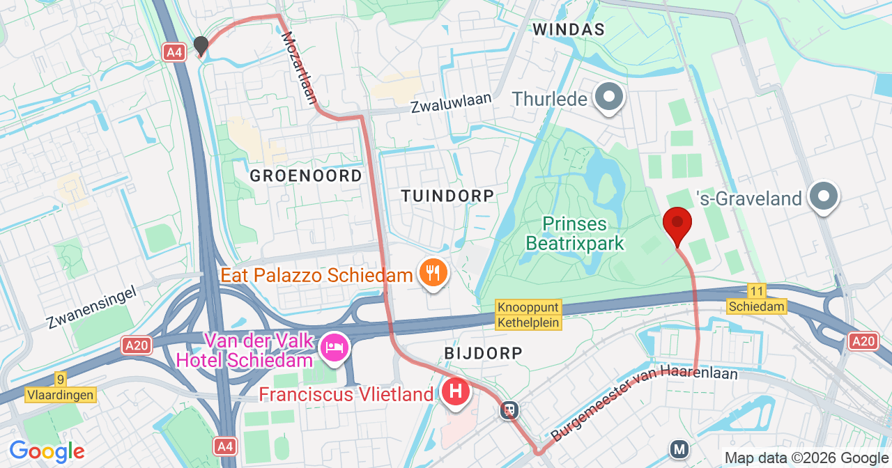 Kaart van het incident in Schiedam met de aanrijroutes van de gealarmeerde eenheden