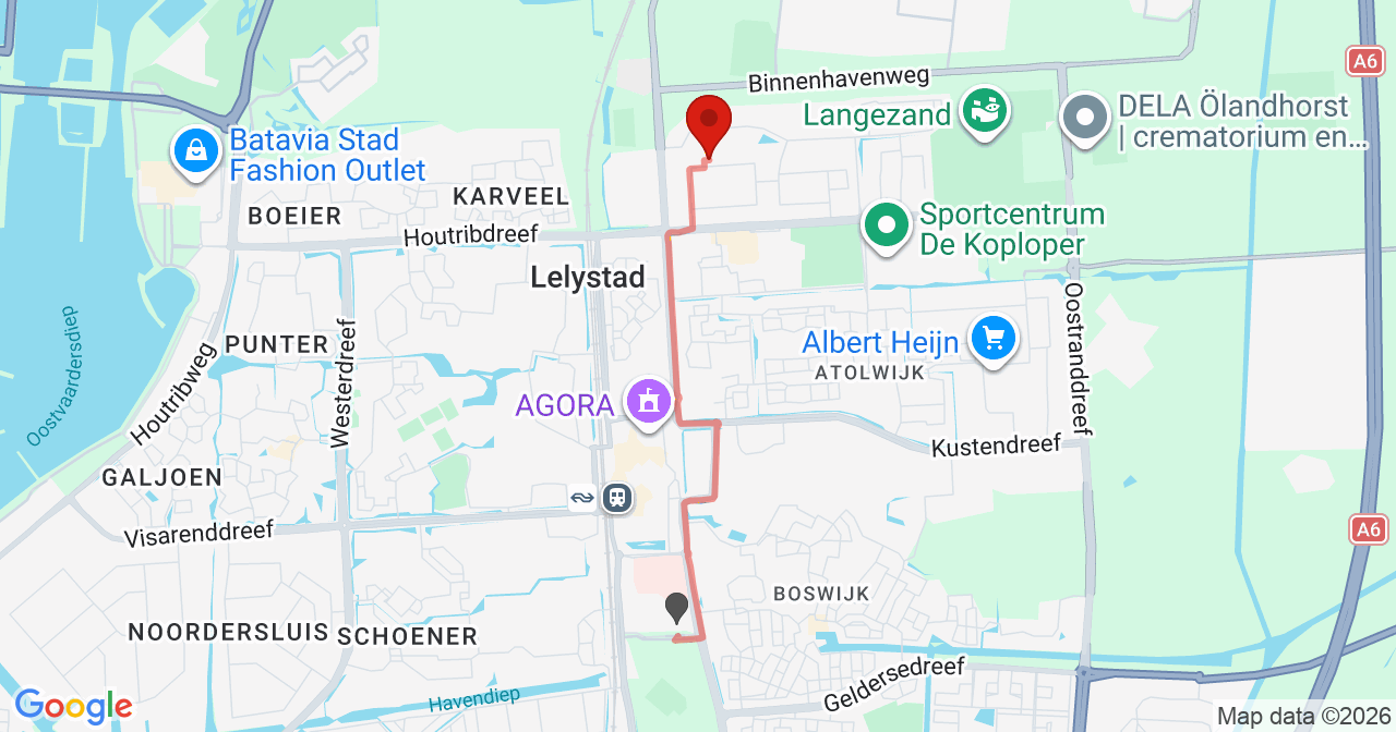 Kaart van het incident in Lelystad met de aanrijroutes van de gealarmeerde eenheden