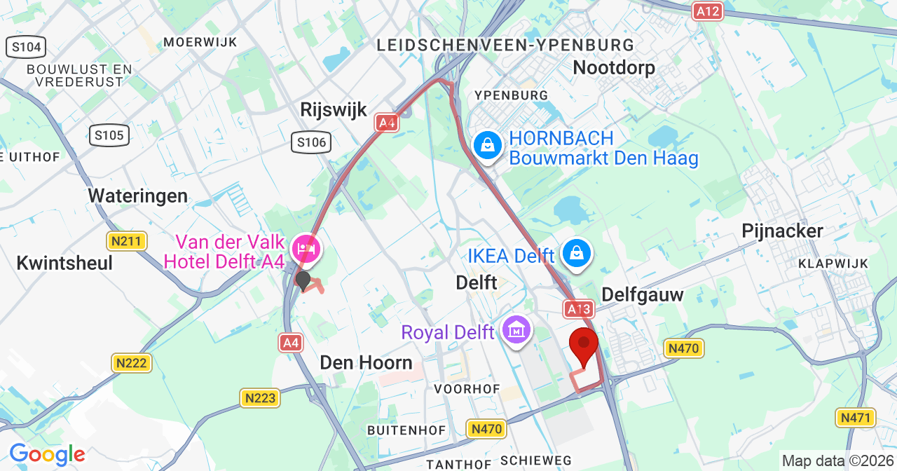 Kaart van het incident in Delft met de aanrijroutes van de gealarmeerde eenheden