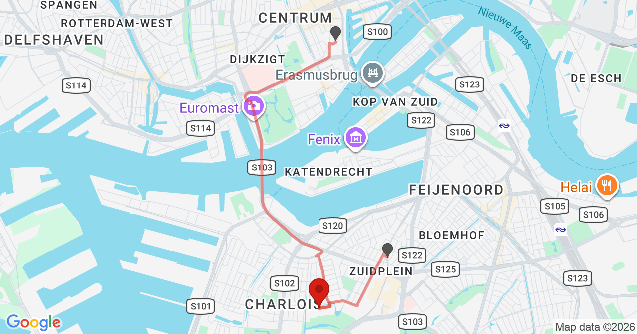 Kaart van het incident in Rotterdam met de aanrijroutes van de gealarmeerde eenheden
