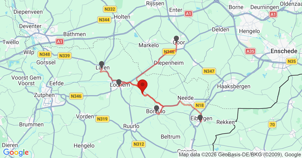 Kaart van het incident in Geesteren met de aanrijroutes van de gealarmeerde eenheden