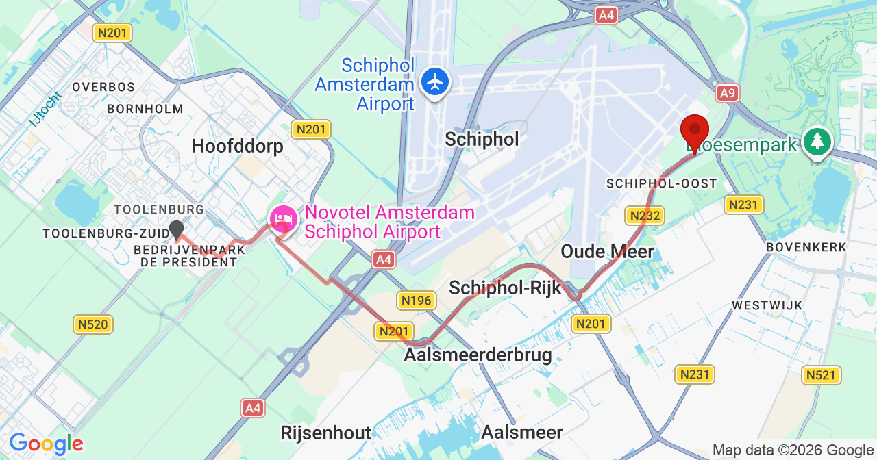 Kaart van het incident in Schiphol met de aanrijroutes van de gealarmeerde eenheden