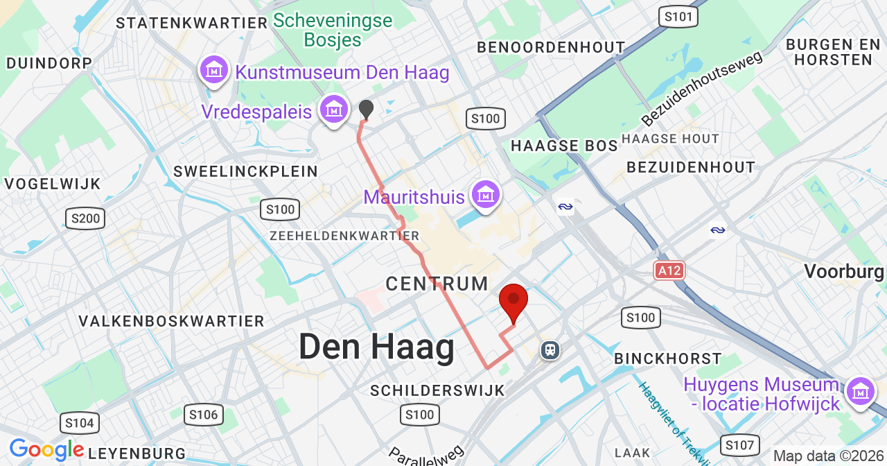 Kaart van het incident in 's-Gravenhage met de aanrijroutes van de gealarmeerde eenheden