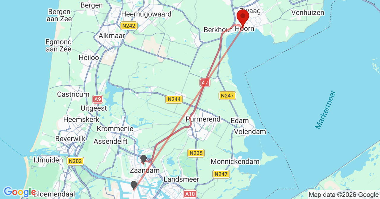 Kaart van het incident in Hoorn NH met de aanrijroutes van de gealarmeerde eenheden