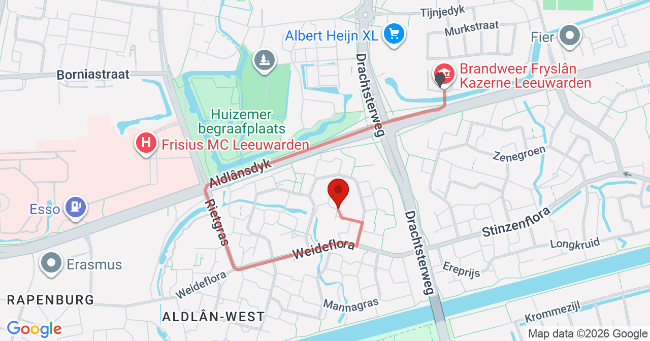 Kaart van het incident in Leeuwarden met de aanrijroutes van de gealarmeerde eenheden