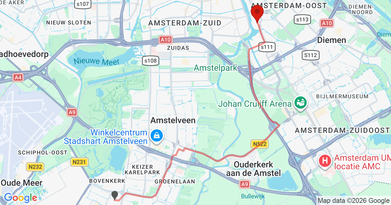 Kaart van het incident in Amsterdam met de aanrijroutes van de gealarmeerde eenheden