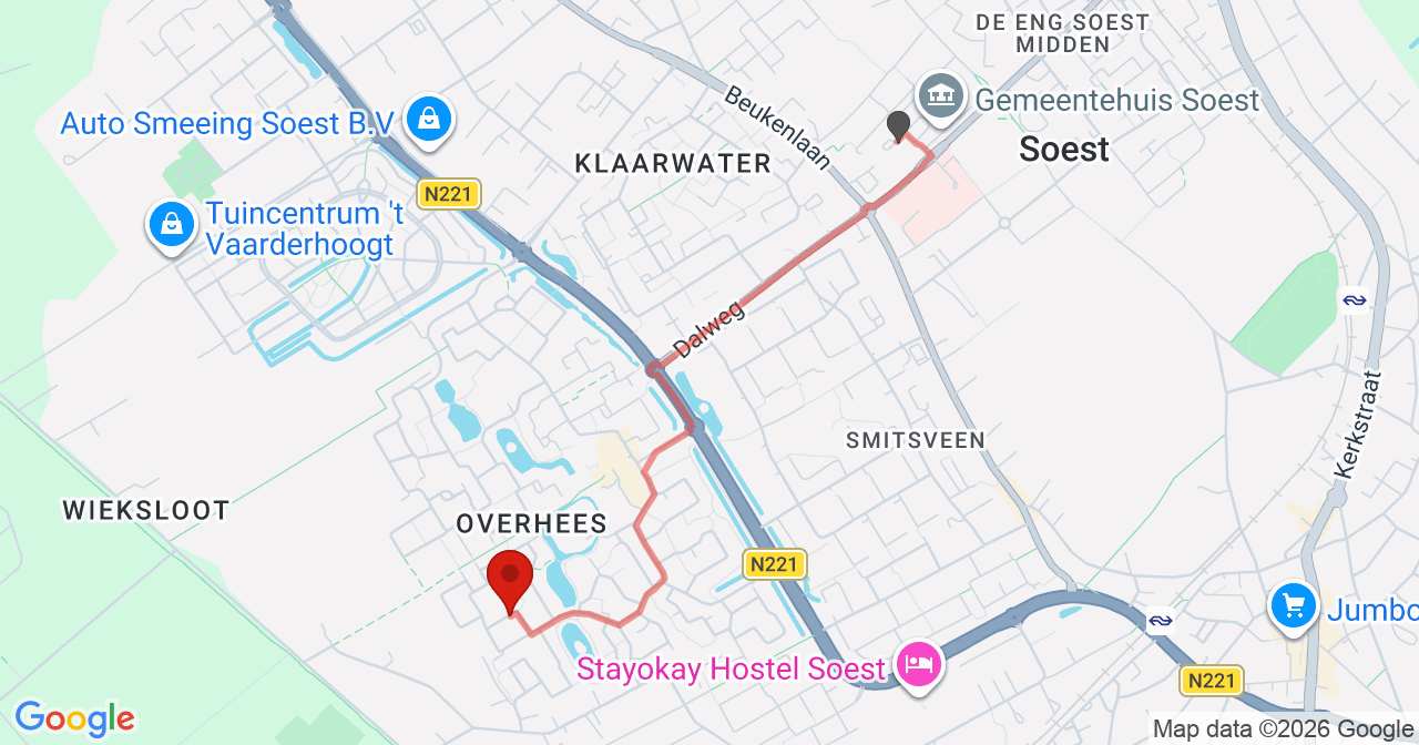 Kaart van het incident in Soest met de aanrijroutes van de gealarmeerde eenheden