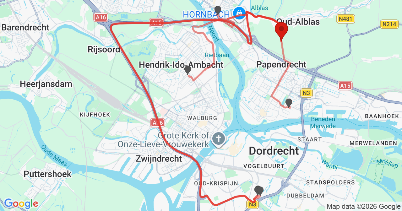 Kaart van het incident in Oud-Alblas met de aanrijroutes van de gealarmeerde eenheden