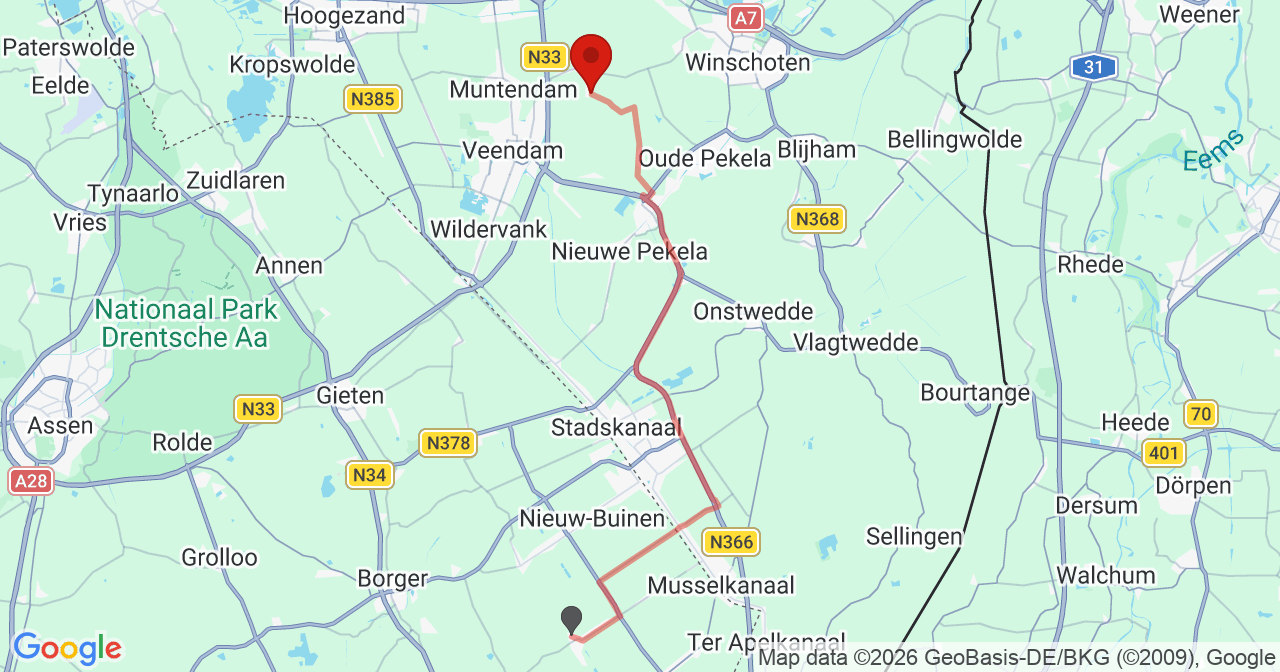 Kaart van het incident in Meeden met de aanrijroutes van de gealarmeerde eenheden