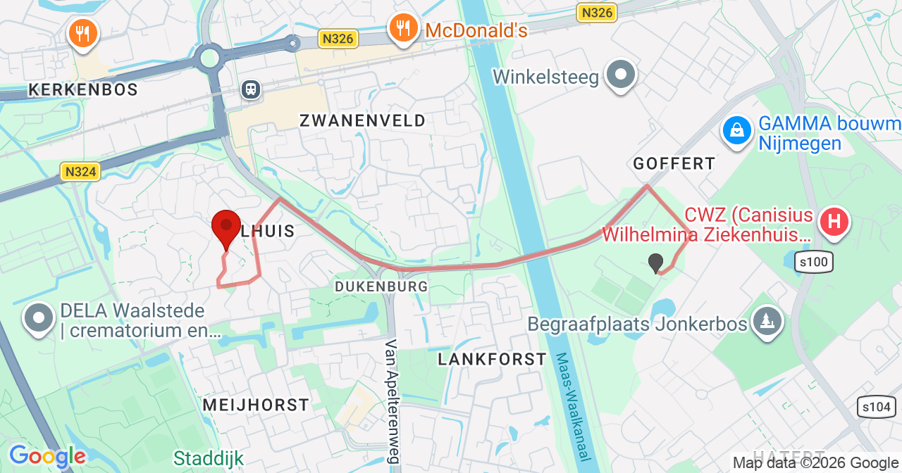 Kaart van het incident in Nijmegen met de aanrijroutes van de gealarmeerde eenheden