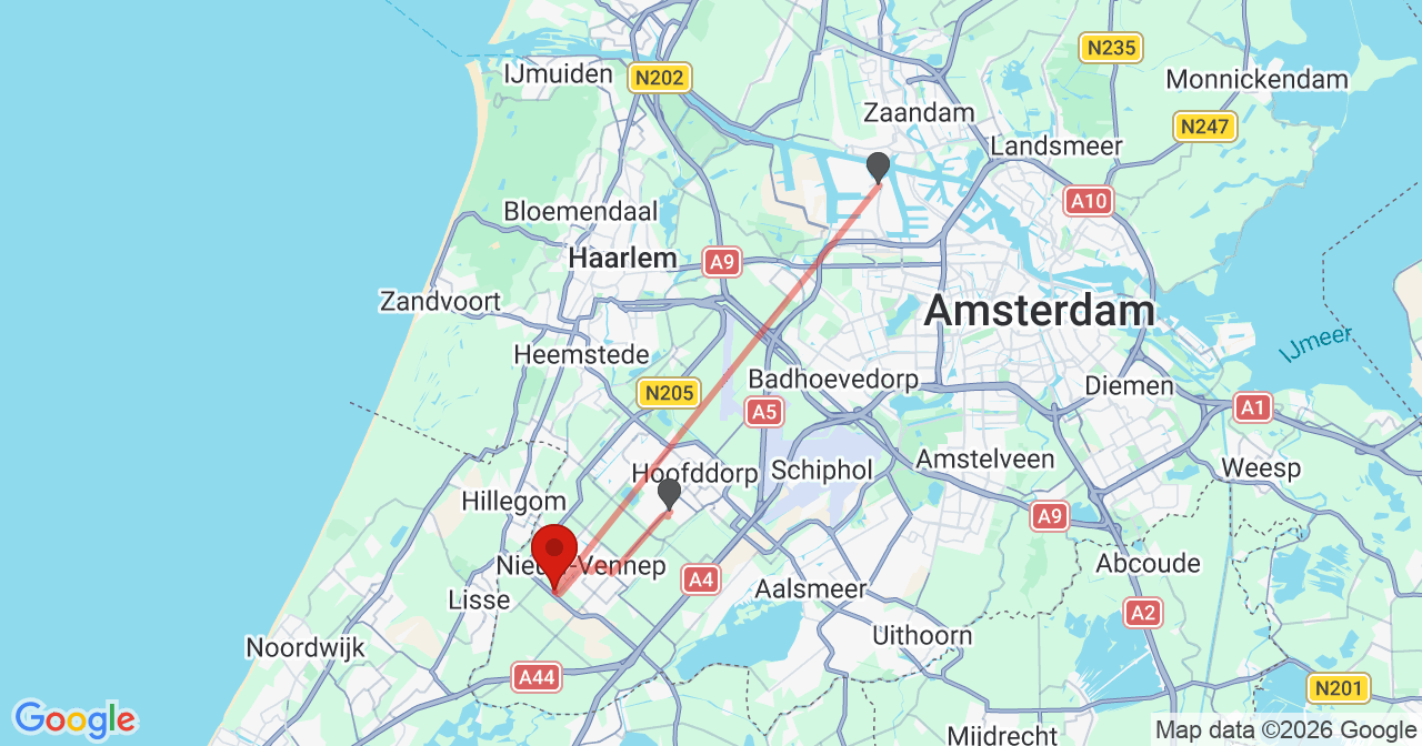 Kaart van het incident in Nieuw-Vennep met de aanrijroutes van de gealarmeerde eenheden