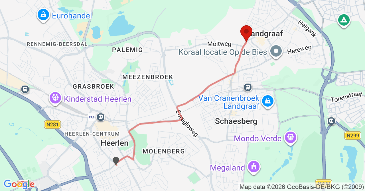 Kaart van het incident in Landgraaf met de aanrijroutes van de gealarmeerde eenheden