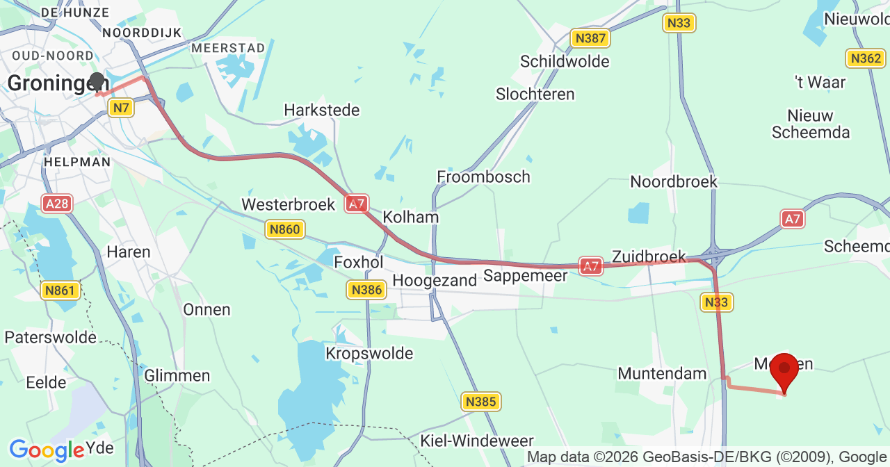 Kaart van het incident in Meeden met de aanrijroutes van de gealarmeerde eenheden