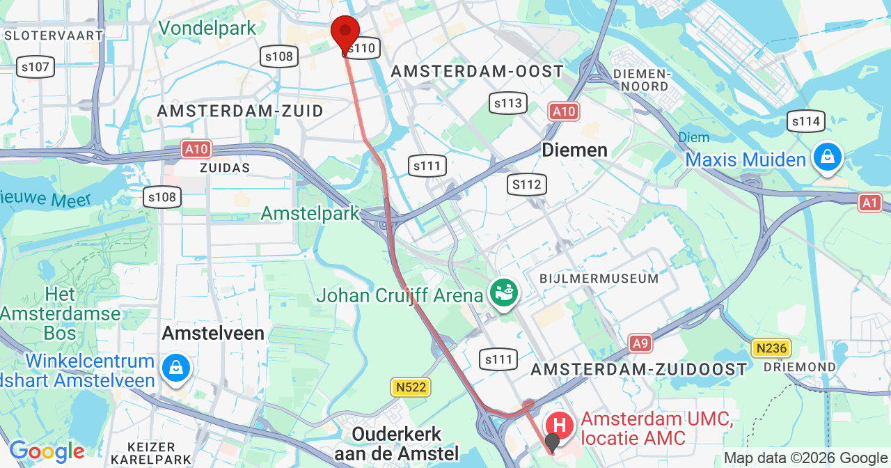 Kaart van het incident in Amsterdam met de aanrijroutes van de gealarmeerde eenheden