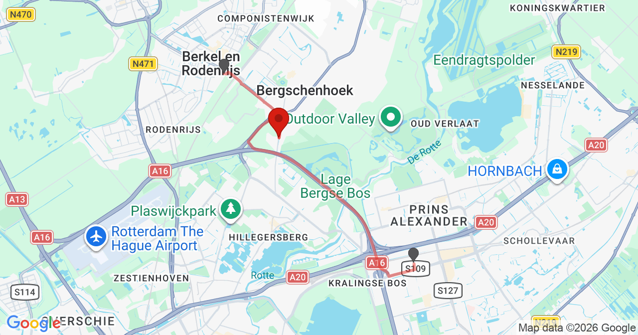 Kaart van het incident in Bergschenhoek met de aanrijroutes van de gealarmeerde eenheden