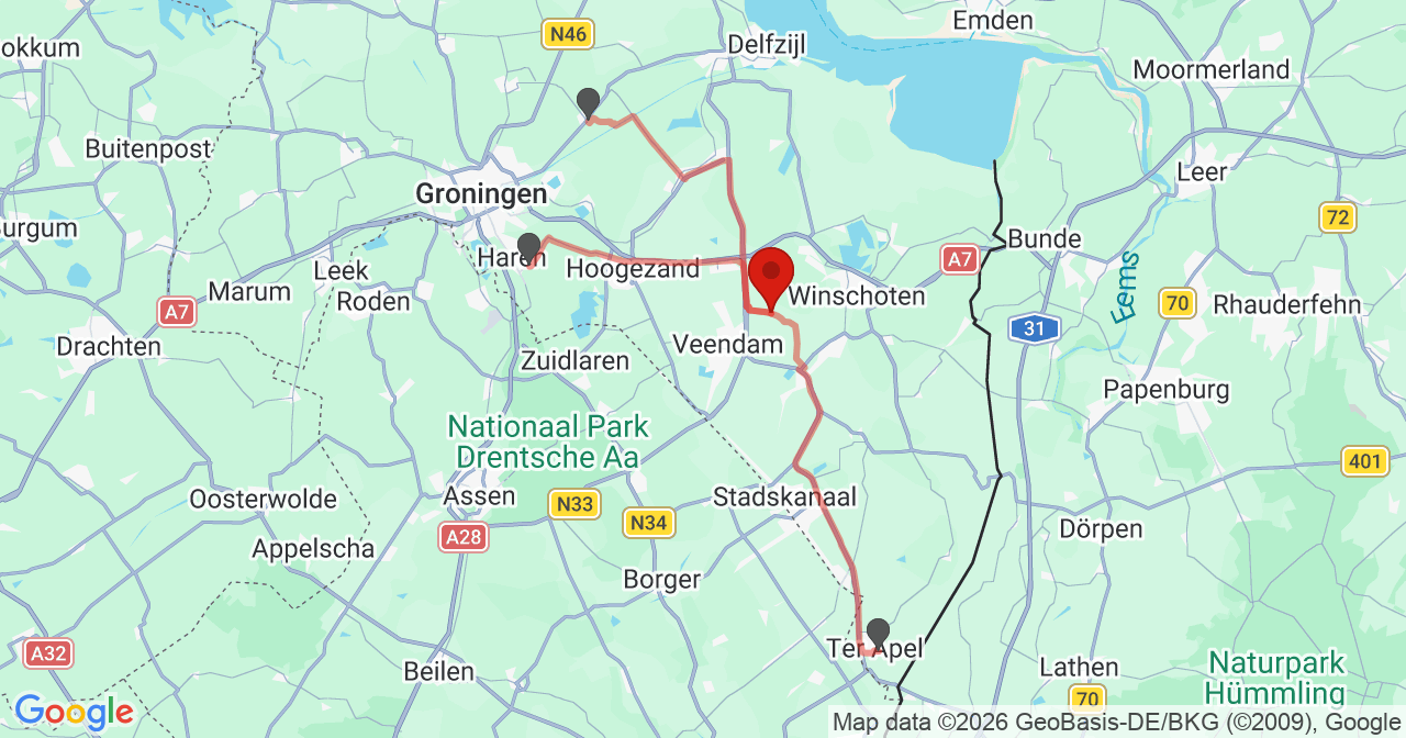 Kaart van het incident in Meeden met de aanrijroutes van de gealarmeerde eenheden
