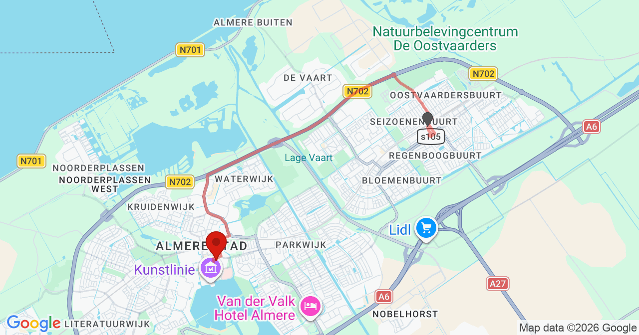 Kaart van het incident in Almere met de aanrijroutes van de gealarmeerde eenheden
