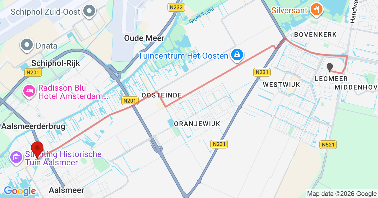 Kaart van het incident in Aalsmeer met de aanrijroutes van de gealarmeerde eenheden
