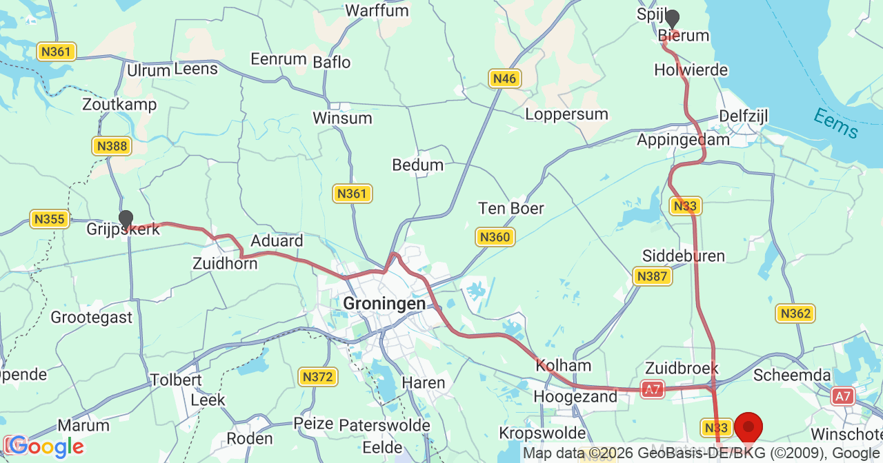 Kaart van het incident in Meeden met de aanrijroutes van de gealarmeerde eenheden