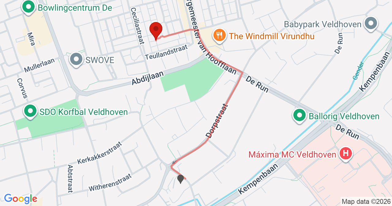 Kaart van het incident in Veldhoven met de aanrijroutes van de gealarmeerde eenheden