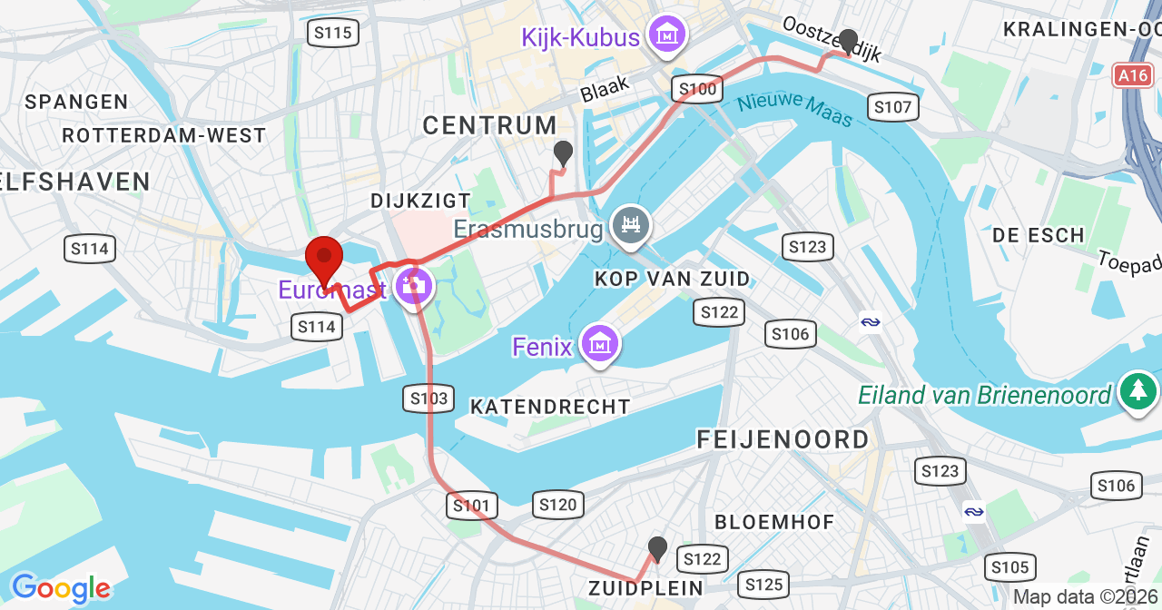 Kaart van het incident in Rotterdam met de aanrijroutes van de gealarmeerde eenheden